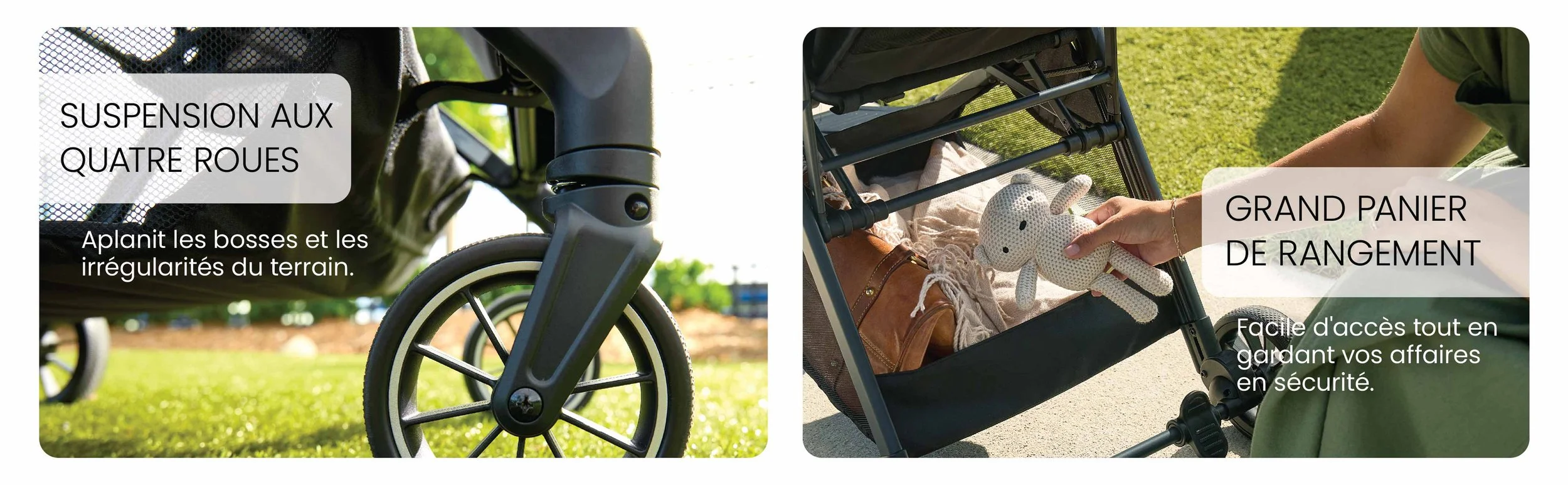 Suspension aux quatre roues. Grand panier de rangement