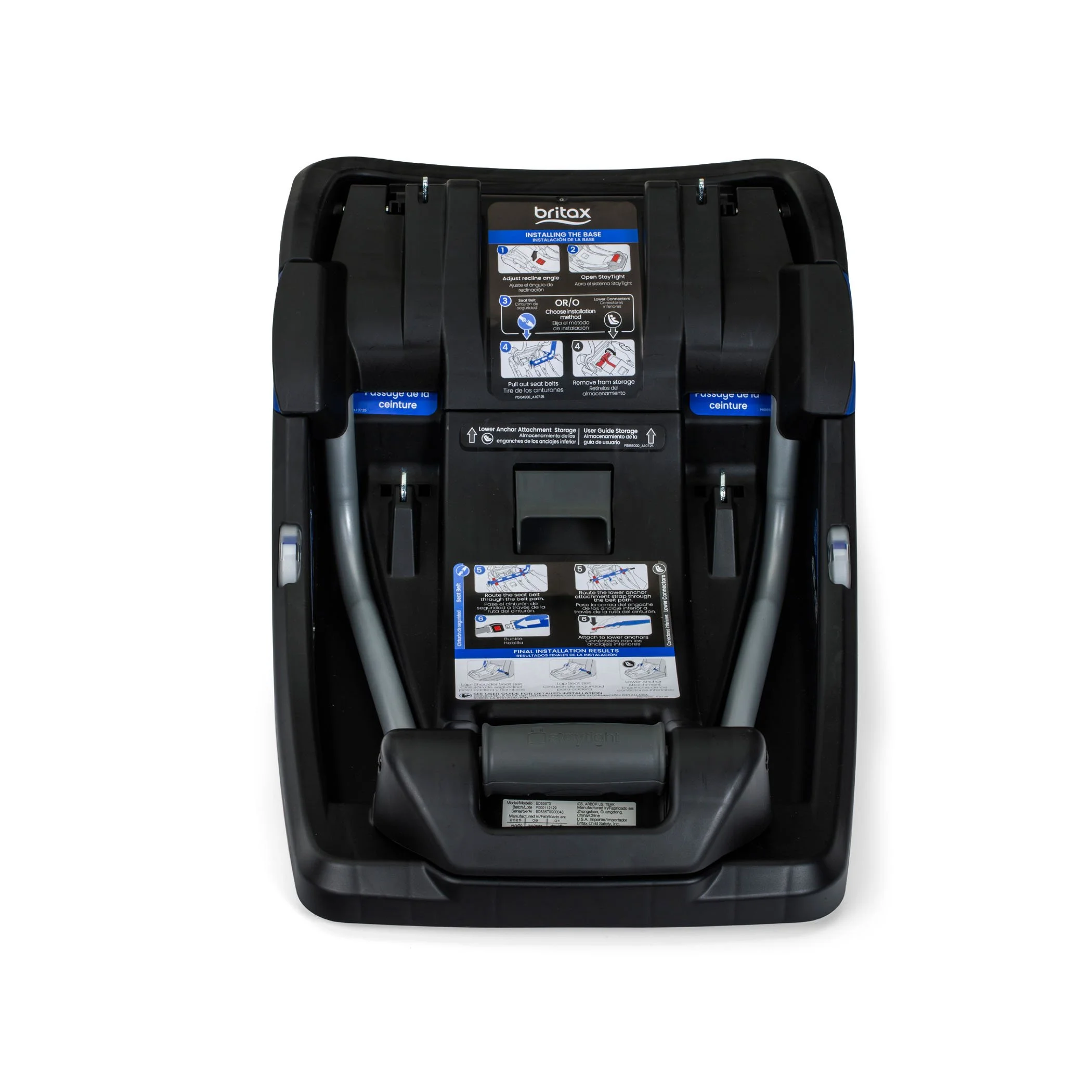 An infant car seat base with several white and blue instruction labels. 