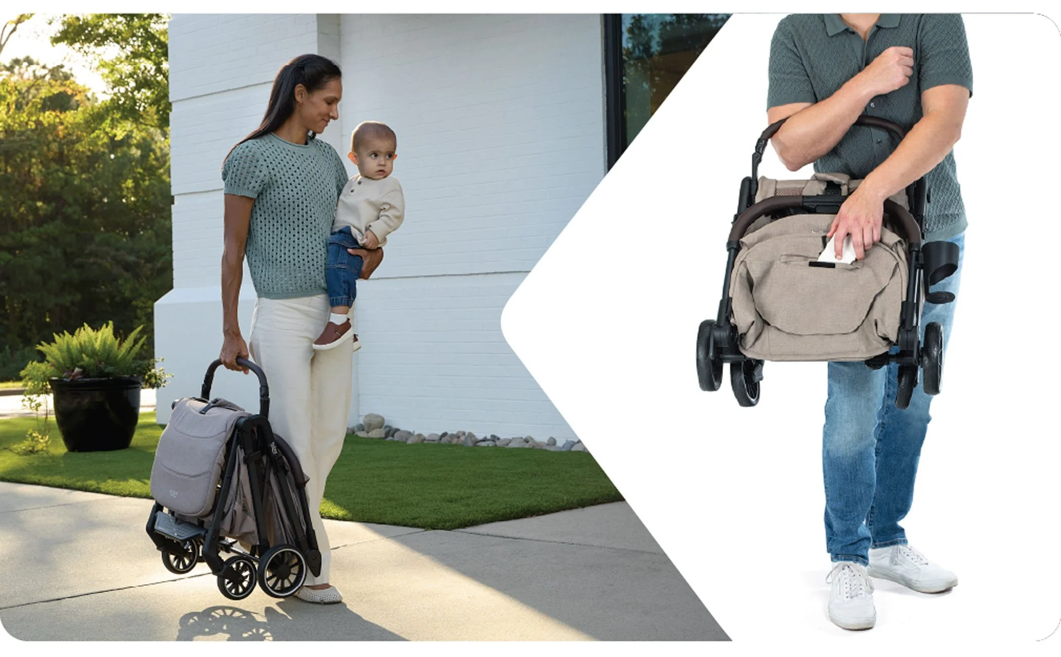 Demonstration of someone using the built-in carry handle and accessible storage pocket.