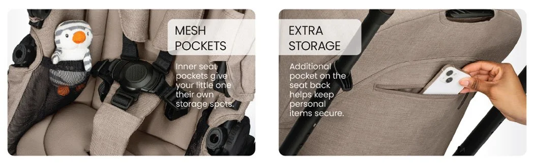 Mesh inner seat pockets give your little one storage space. Additional pocket on seat back helps keep items secure.