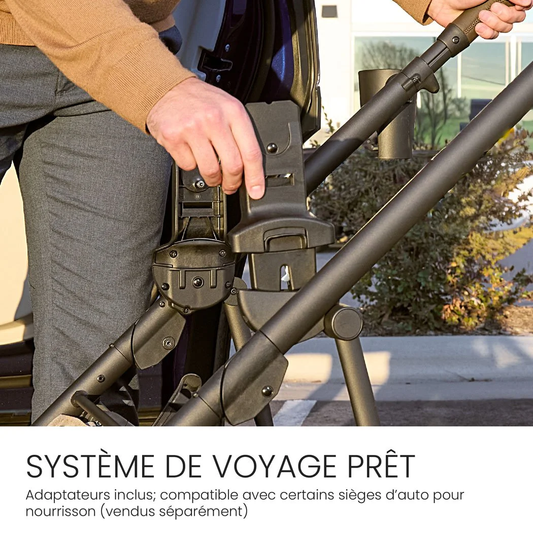 Prête pour système de voyage. Adaptateurs inclus; compatible avec certains sièges d’auto (vendus séparément). 