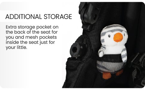 Extra storage pockeet on the back of the seat and mesh pockets inside the seat