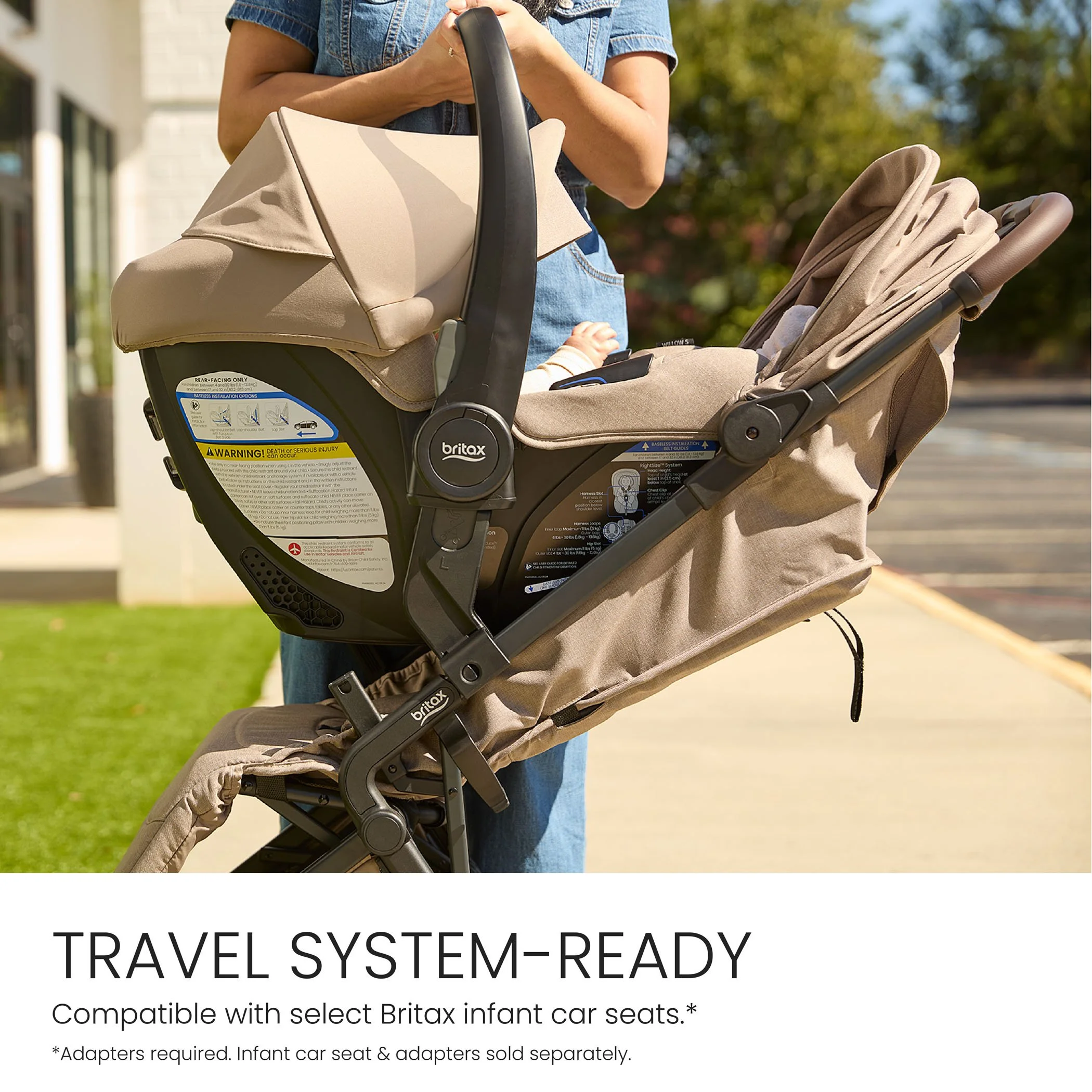 Travel system-ready. Compatible with select Britax car seats. Adapters required. Car seats and adapters sold separately.  