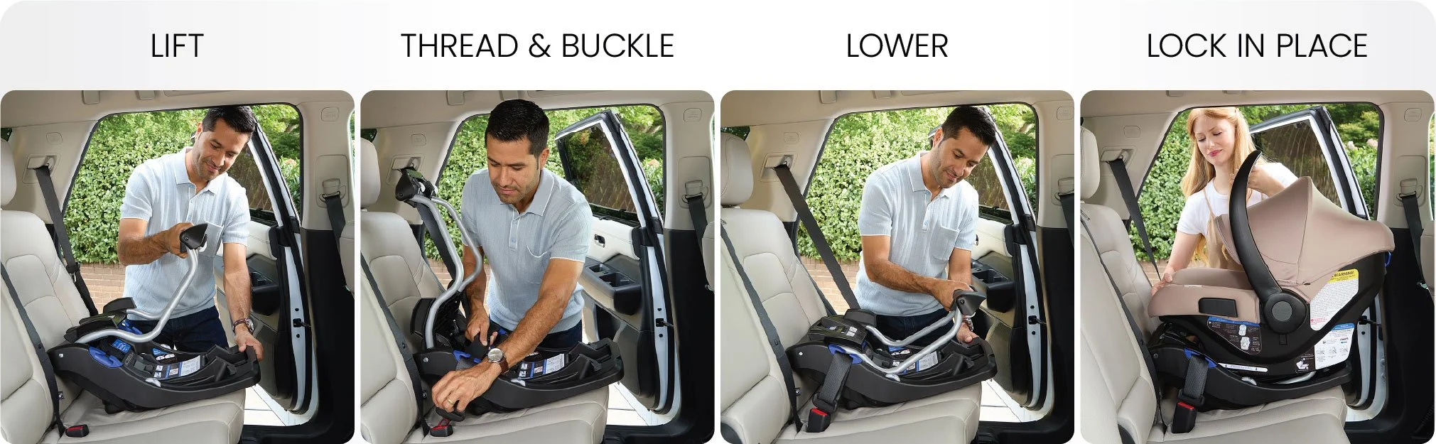 Installing an infant car seat and base. Lift, thread and buckle, lower, lock in place.