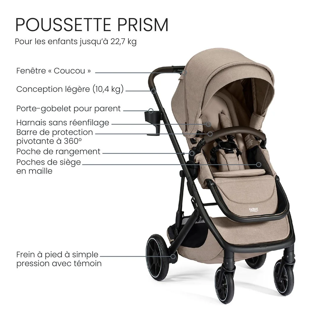 Poussette Prism : jusqu’à 50 lb. Fenêtre coucou, légère, porte-gobelet parent, harnais sans réenfilage. 