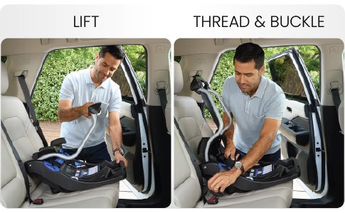 Installing an infant car seat and base.  Lift, thread and buckle