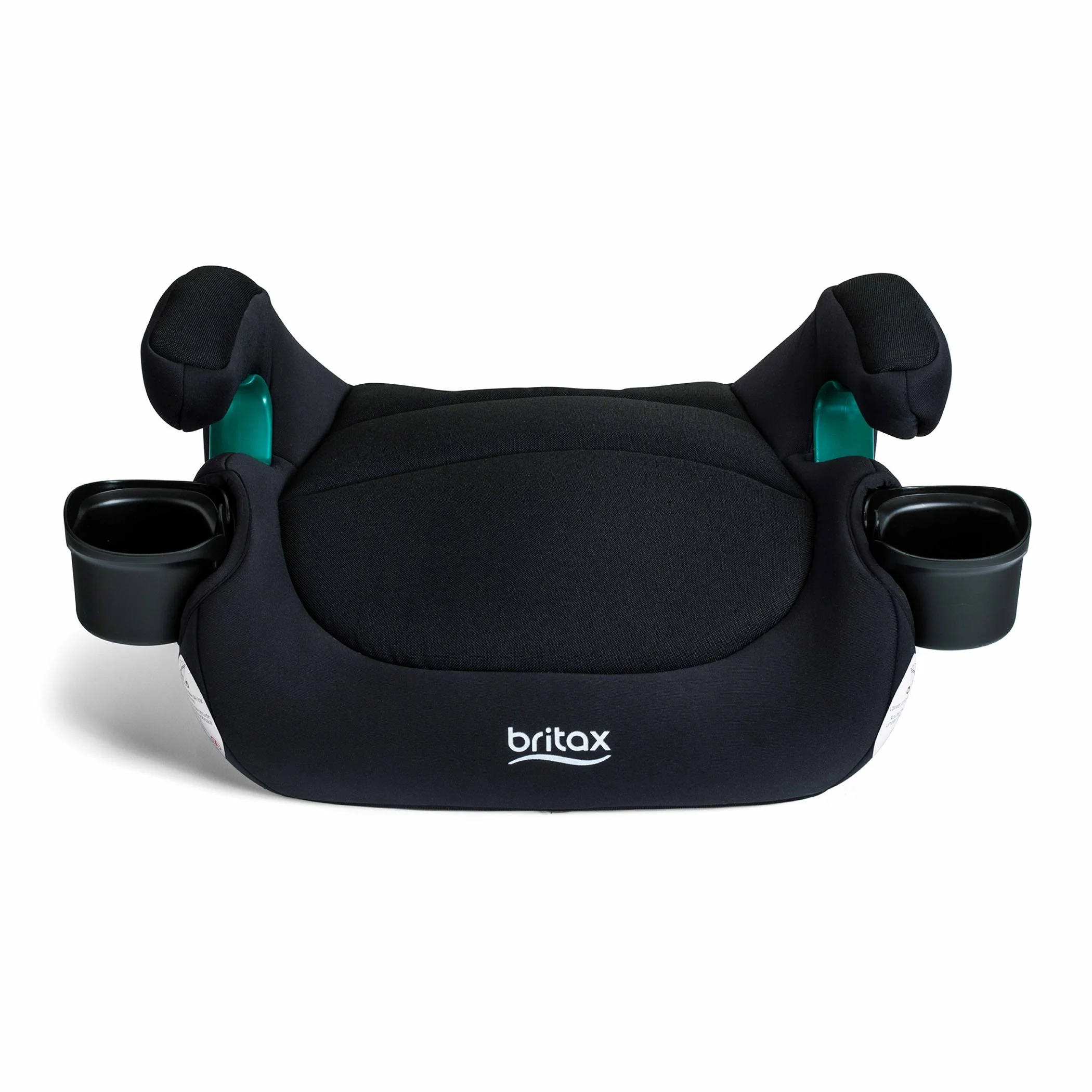Un rehausseur de siège auto sans dossier, avec une housse noire, des accoudoirs, le logo Britax et deux porte-gobelets.