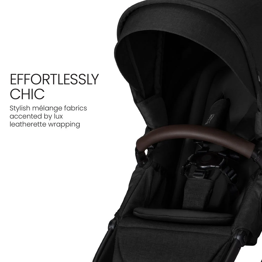 Effortlessly chic. Stylish mélange fabrics accented by lux leatherette wrapping. 