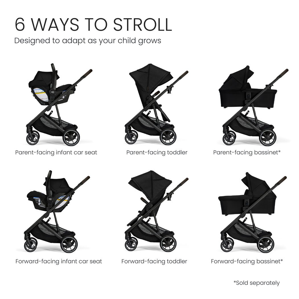 6 ways to stroll. Designed to adapt as your child grows. Bassinet sold separately. 