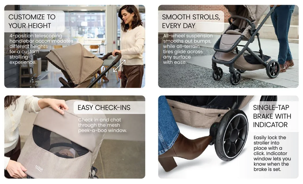 4-position telescoping handlebar, all-wheel suspension for smooth strolls, mesh window, and single-tap brake.