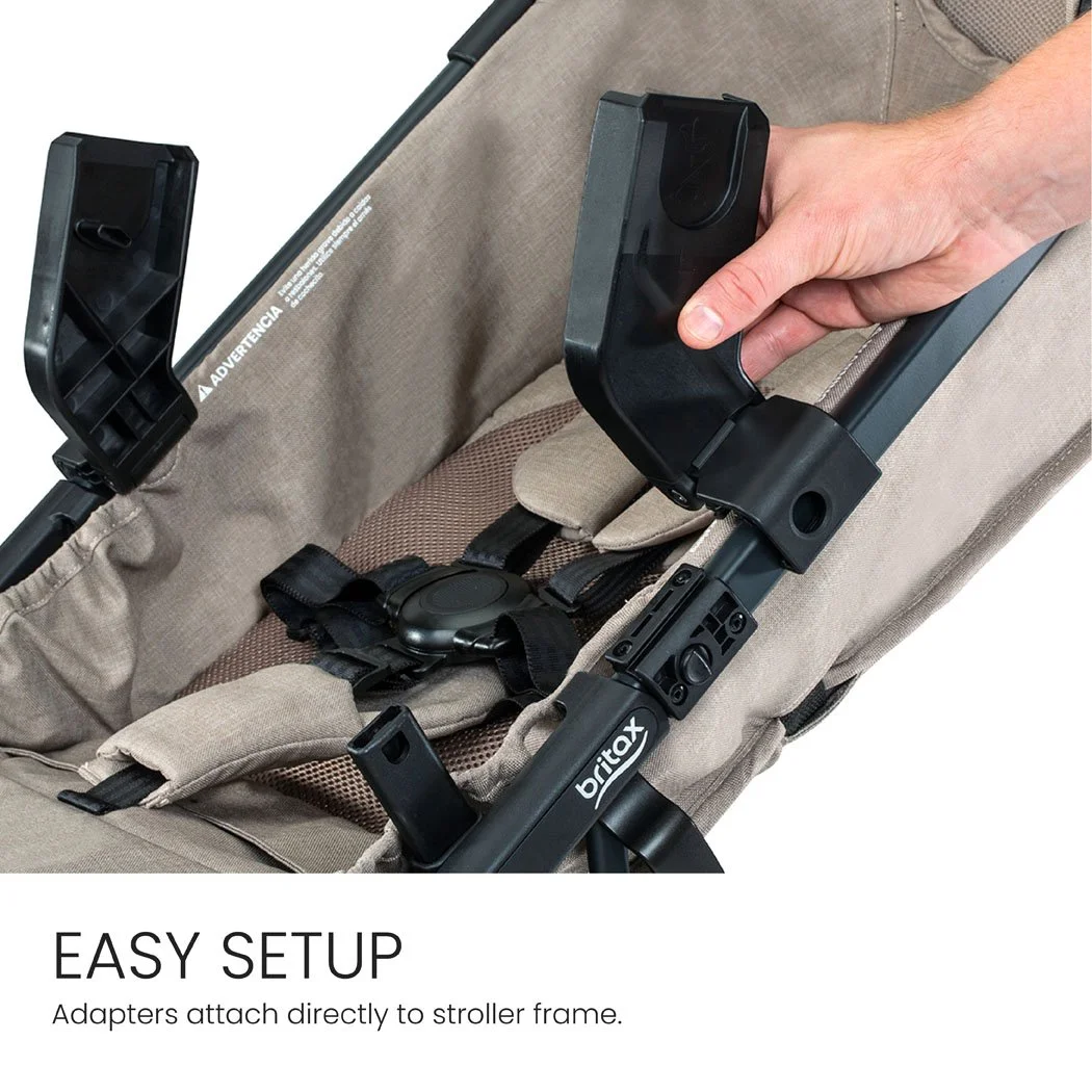 Easy setup. Adapters attach directly to stroller frame.