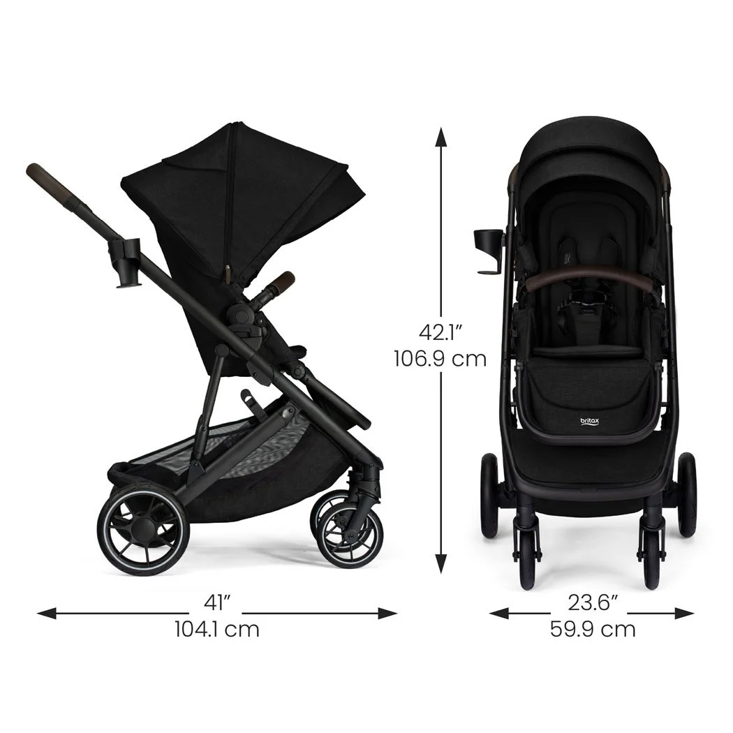 Stroller dimensions: 41 inches long, 42.1 inches tall, 23.6 inches wide.  