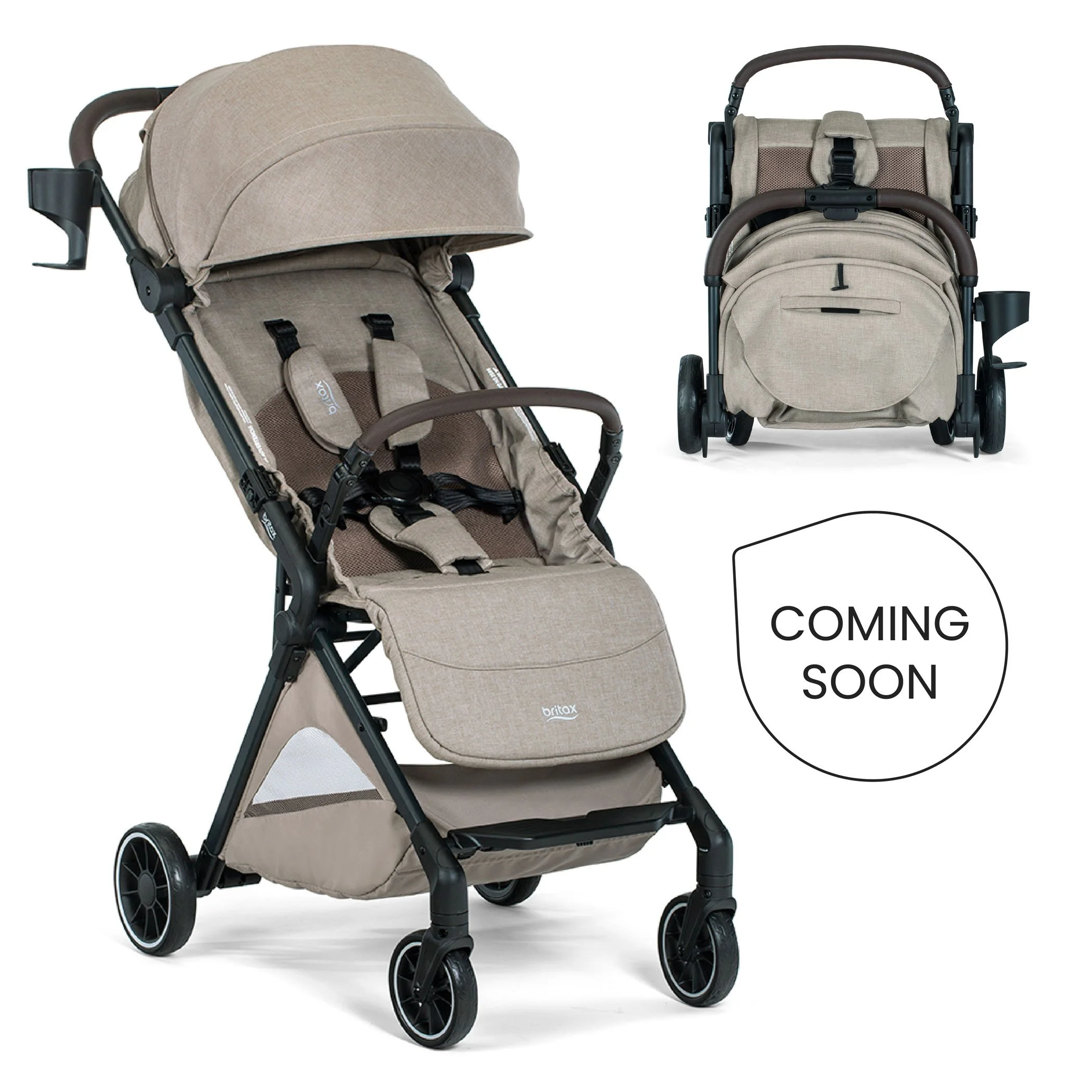 Coming soon. A tan stroller with a brown bumper bar, a canopy, a storage basket, a cup holder, and the Britax logo. 