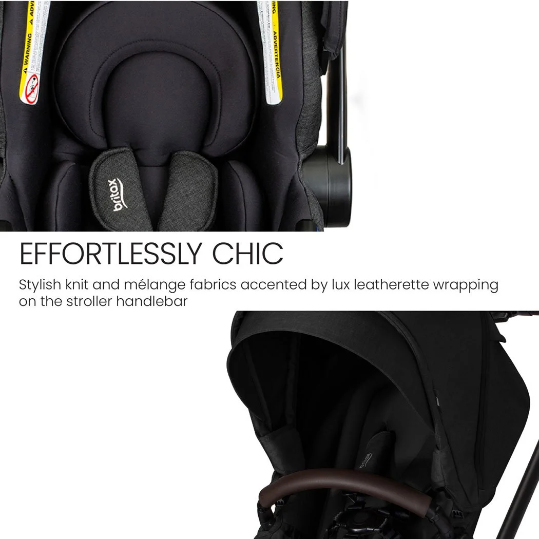 Effortlessly chic. Stylish knit and mélange fabrics accented by lux leatherette wrapping on the stroller handlebar.  