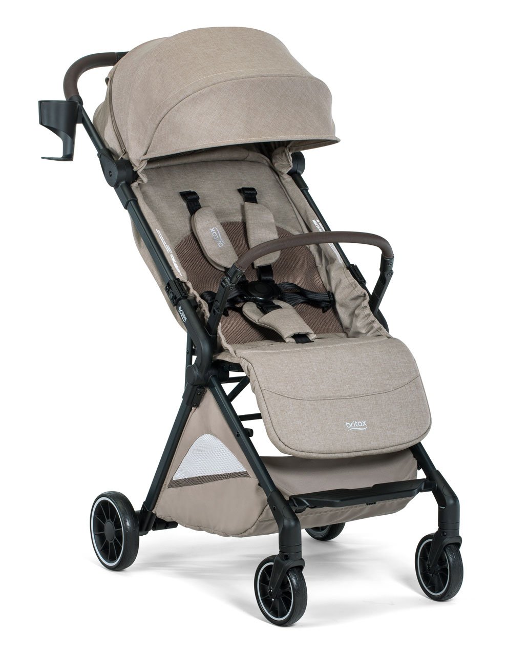 A tan stroller with a brown bumper bar, a canopy, a cup holder, and the Britax logo on the leg rest.