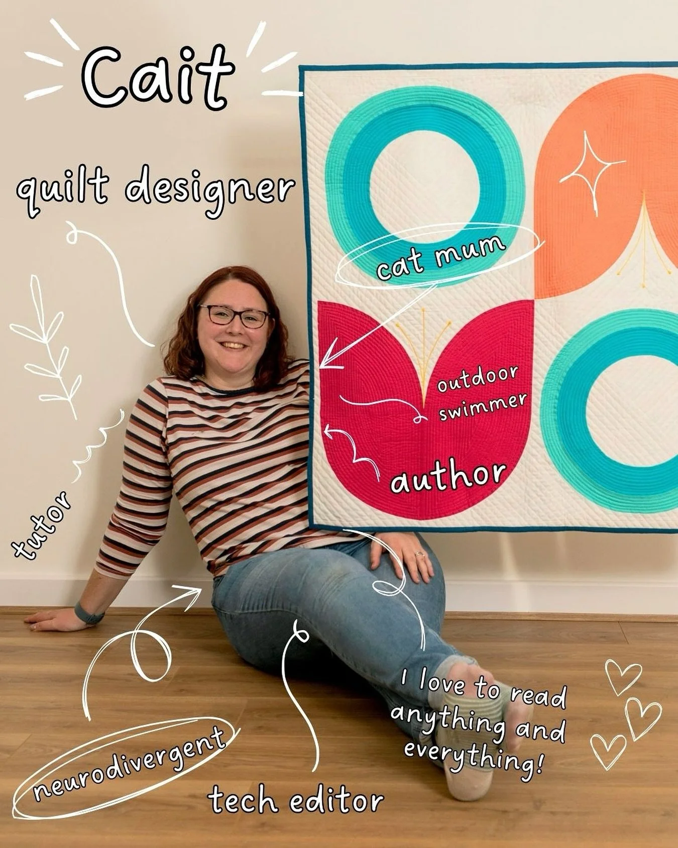 Hello 👋 it&rsquo;s been a while since I last introduced myself, so it&rsquo;s about time for a little reintroduction!
✨
I&rsquo;m Cait - quilt designer, tech editor, maker, teacher and the face behind Cait Lisle Designs. I love sewing with bright co