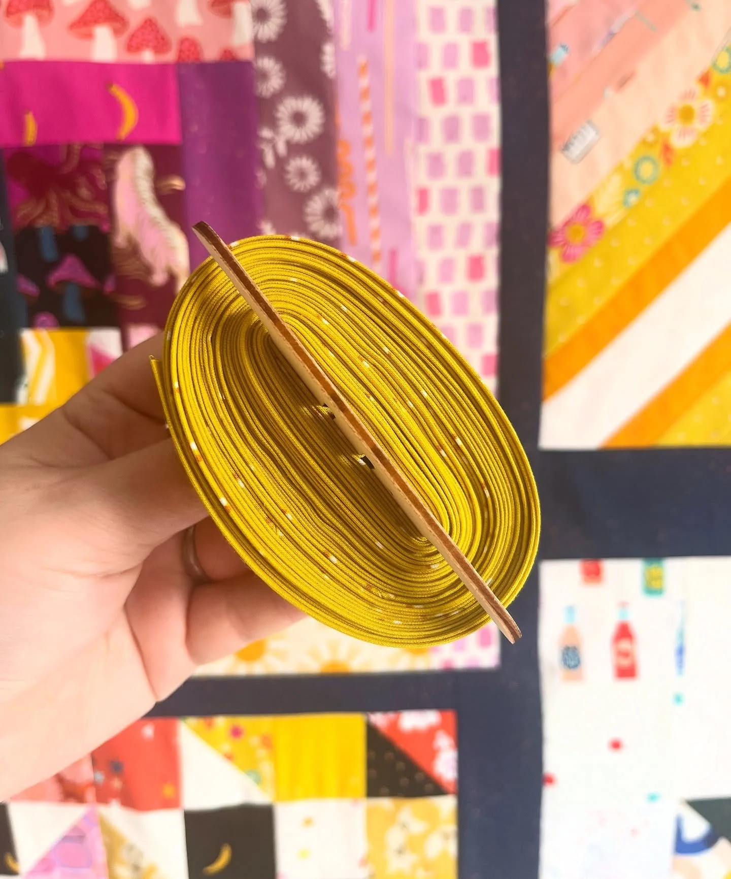 Not every sewing session has to be super productive; sometimes just making binding is all you have the time or energy for. This sunshine binding is now ready for when I (eventually) get around to quilting my #RuBeeStarSewist Bee Hive quilt - that fee