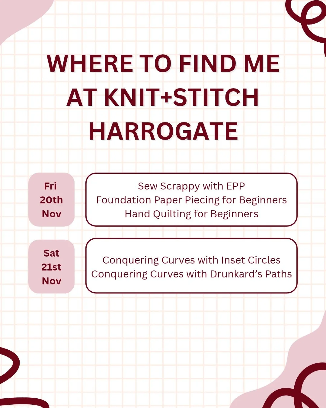 I&rsquo;m excited to be teaching at Knit+Stitch Harrogate for the first time next month! With classes covering hand quilting, EPP, two different sorts of curves and FPP there truly is something for everyone. Swipe through to see the different times a