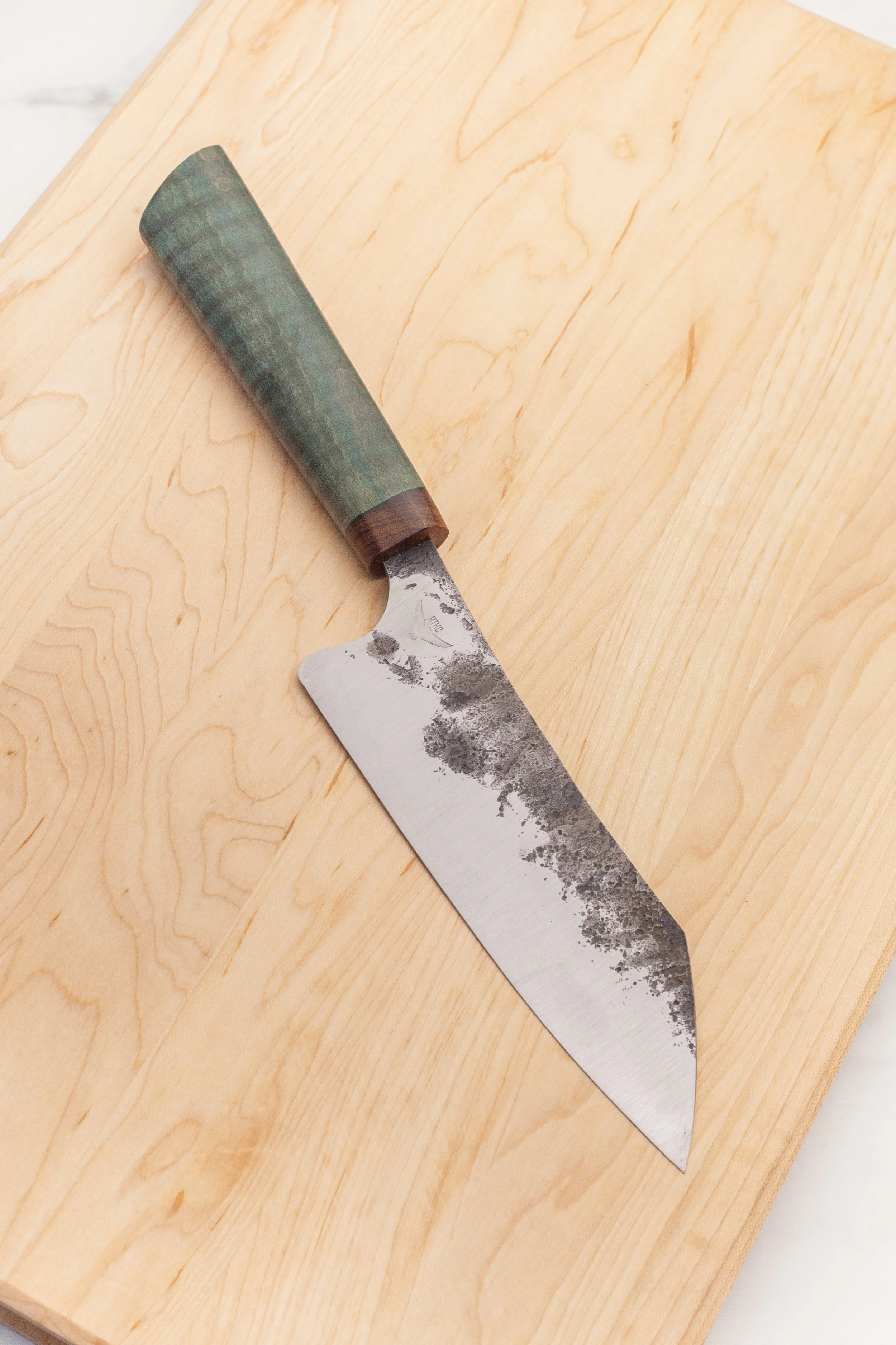 BRUTE DE FORGE SANTOKU WITH CURLY MAPLE AND IRONWOOD SCALES