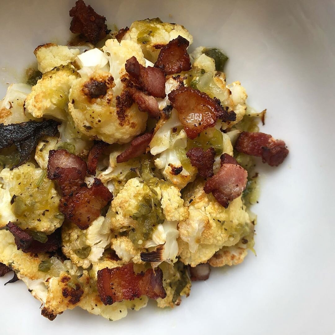 Mexican Roasted Cauliflower with Salsa Verde and Bacon