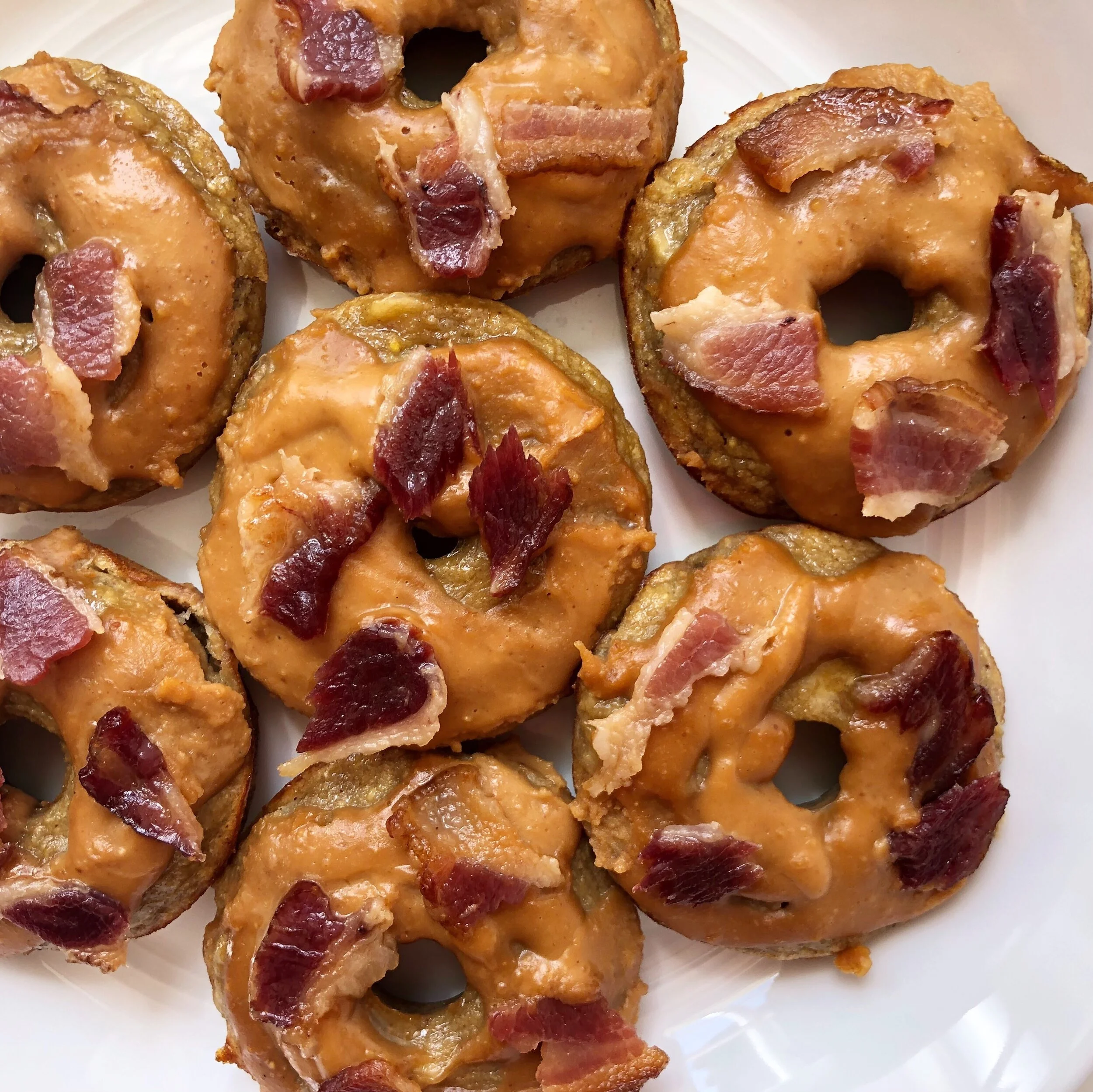 Banana Peanut Butter Donuts with a Peanut Butter Glaze and Bacon Brittle