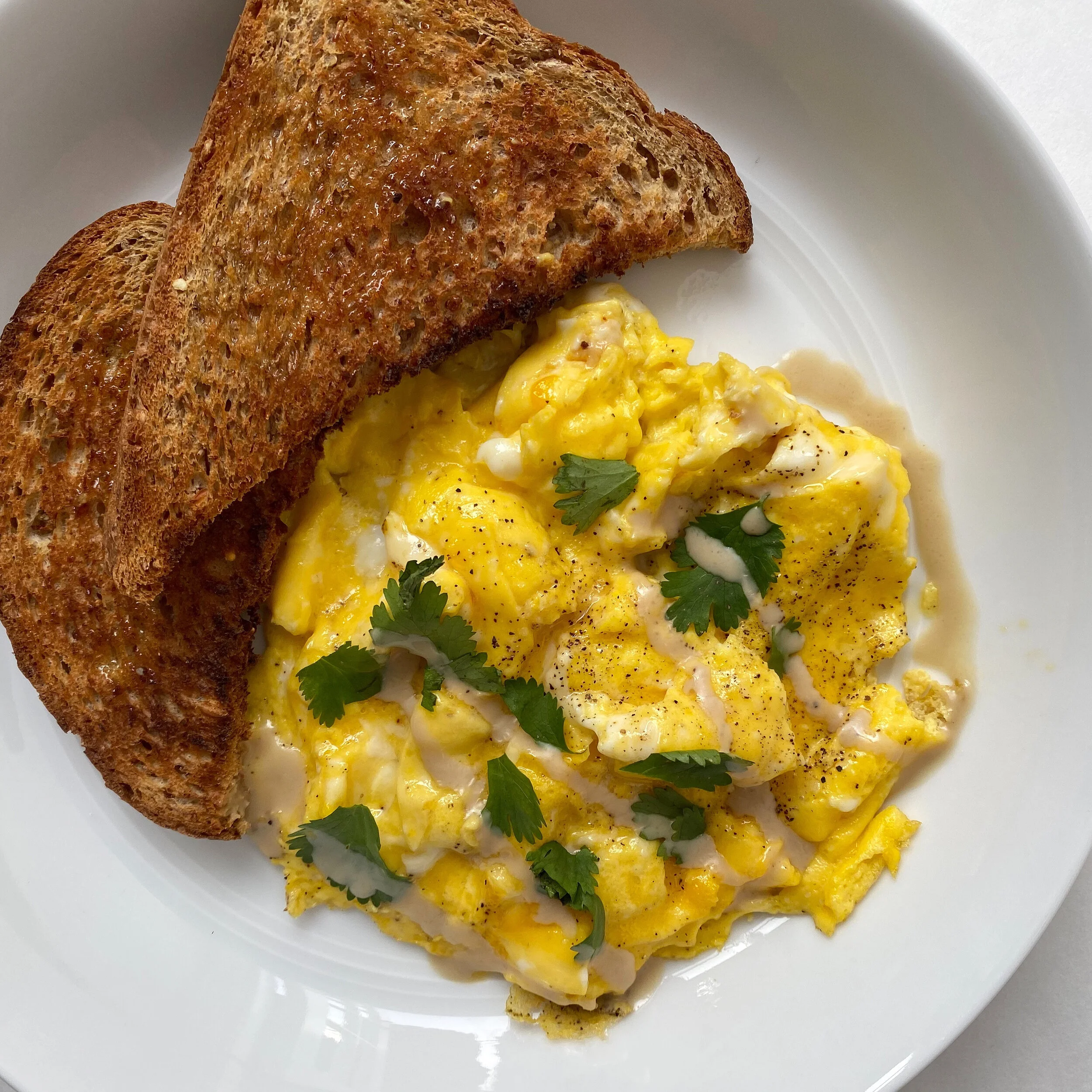 tahini cilantro soft scrambled eggs