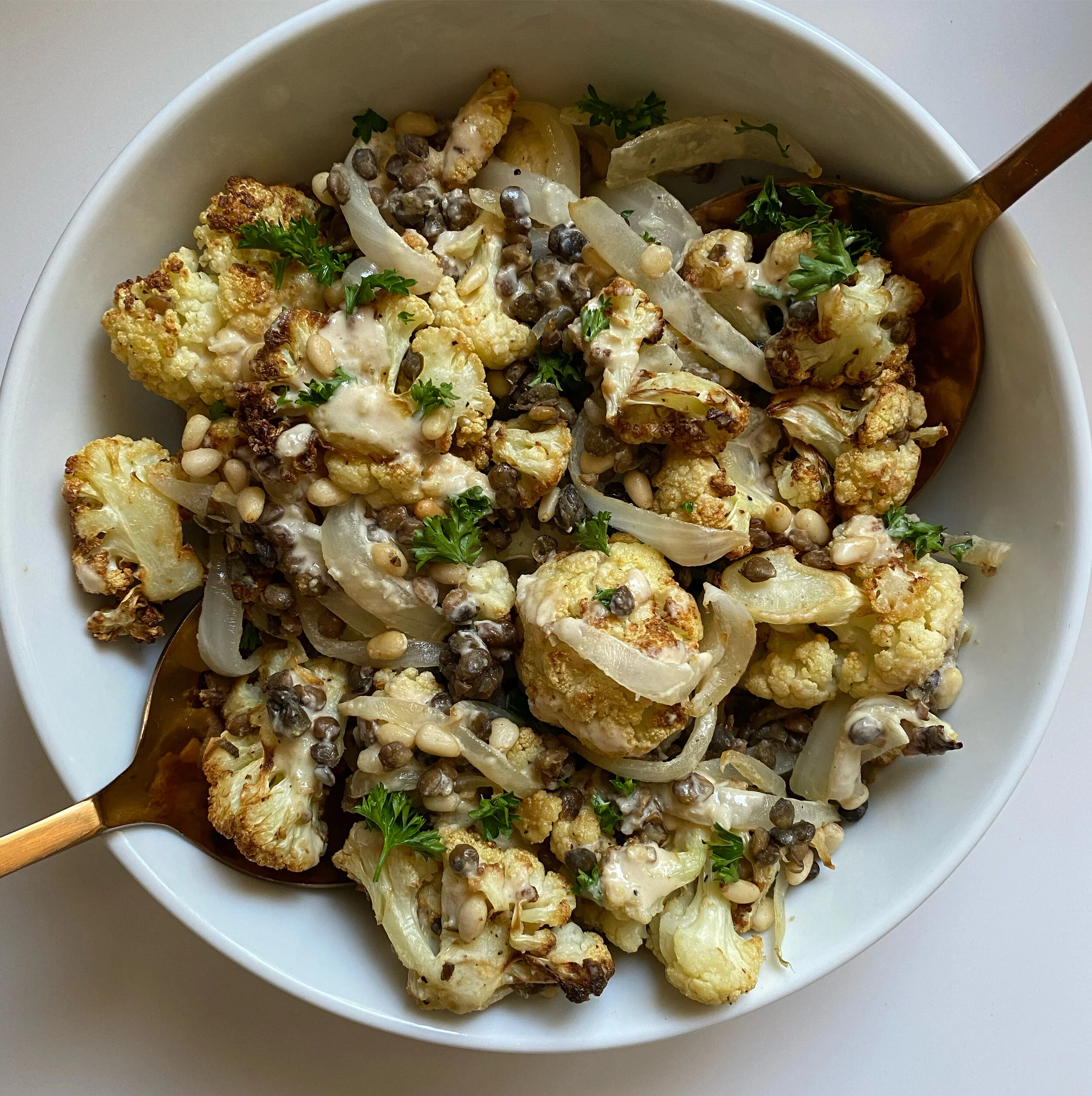 Roasted Cauliflower with Caramelized Onions, Lentils &amp; Lemon Tahini Sauce 