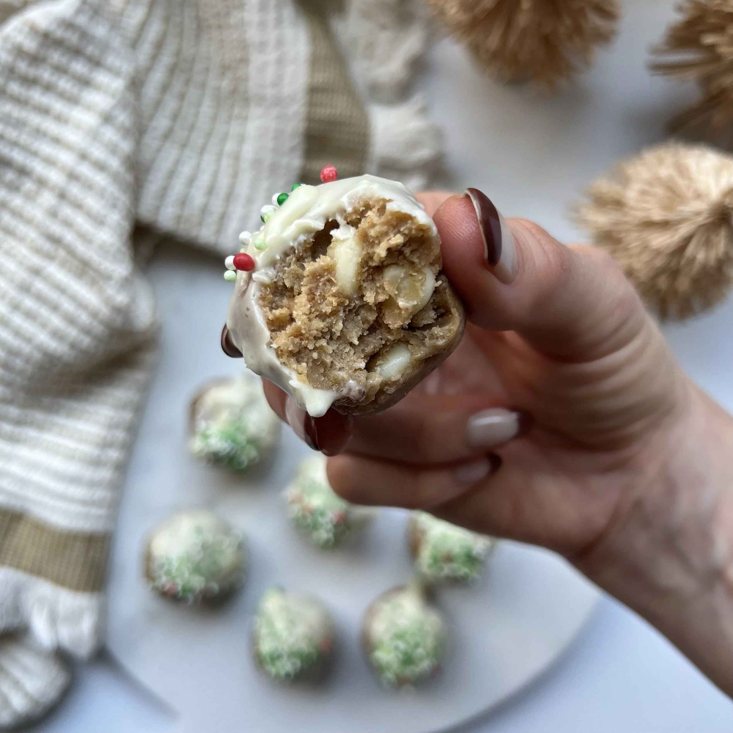 white chocolate covered peanut butter protein balls