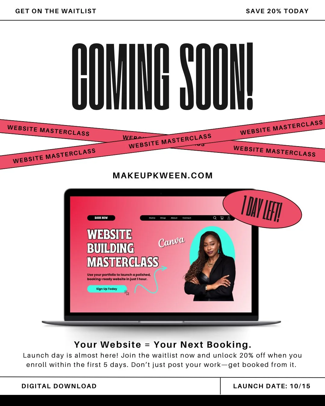 Your Website = Your Next Booking. Launch day is almost here! Join the waitlist now and unlock 20% off when you enroll within the first 5 days. Don&rsquo;t just post your work&mdash;get booked from it.⁠
⁠
#hairstylist #canva #beauty