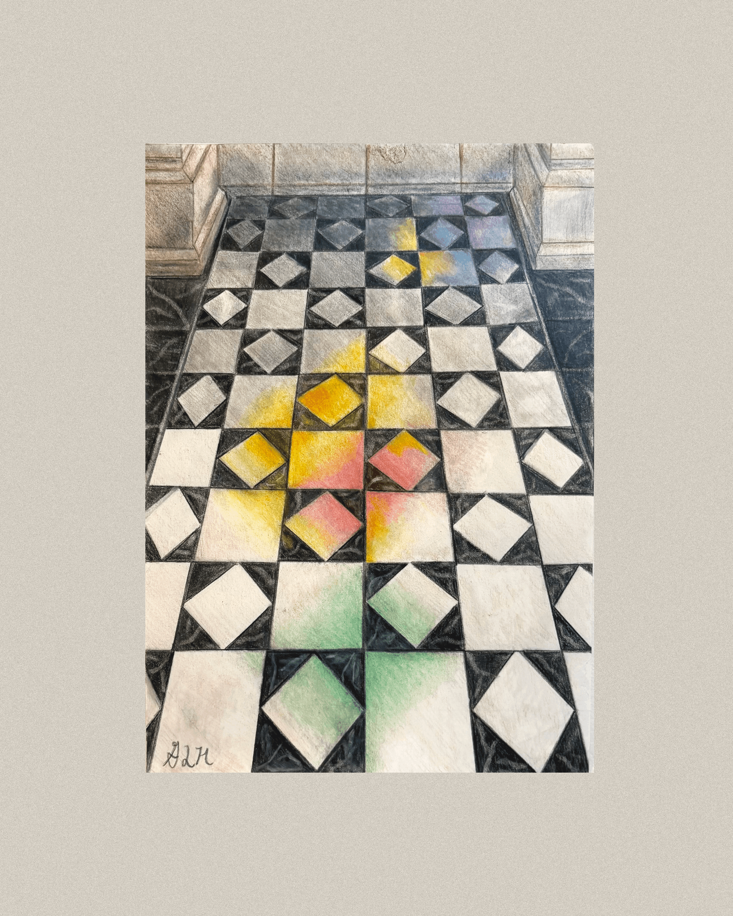Study inspired by the geometric floor of the Catedral de Santa María la Real de la Almudena in Madrid
9 × 12",
Colored pencil 