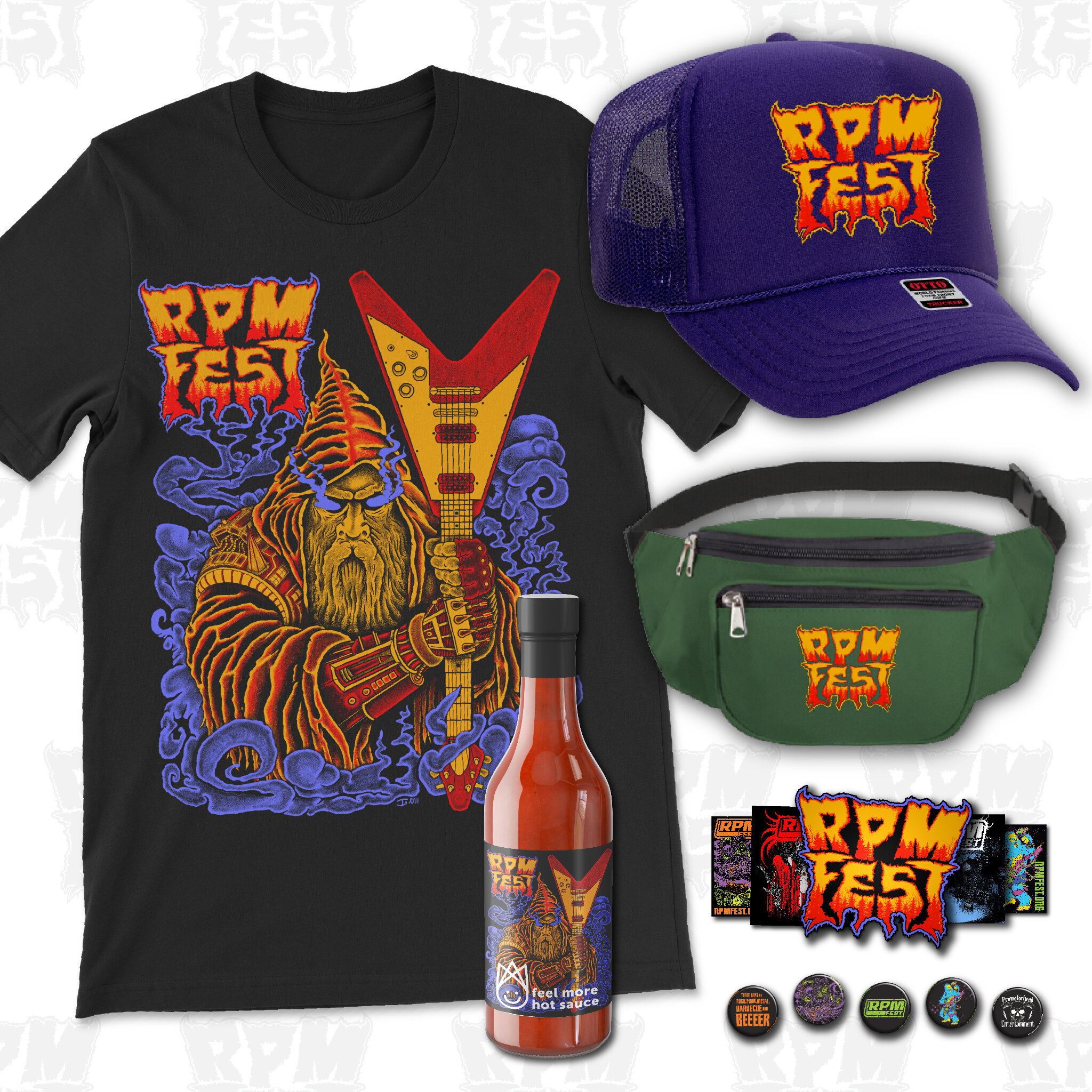 Our 2023 Riff Wizard T-Shirt sold out quickly at the fest, but not to fear - we just got a small restock in, which also means our 2023 Merch Bundle is once again available! $50 plus shipping gets you the shirt, trucker cap, fanny pack, and hot sauce.