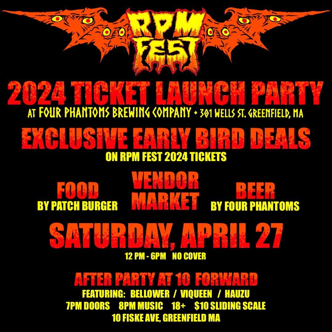 Tickets for RPM Fest 2024 will go on sale at 12 PM Saturday, April 27th, coinciding with our Launch Party at Four Phantoms in Greenfield, MA.⁠
⁠
We'll have exclusive, one-time-only weekend ticket deals for Launch Party attendees, plus food from Patch