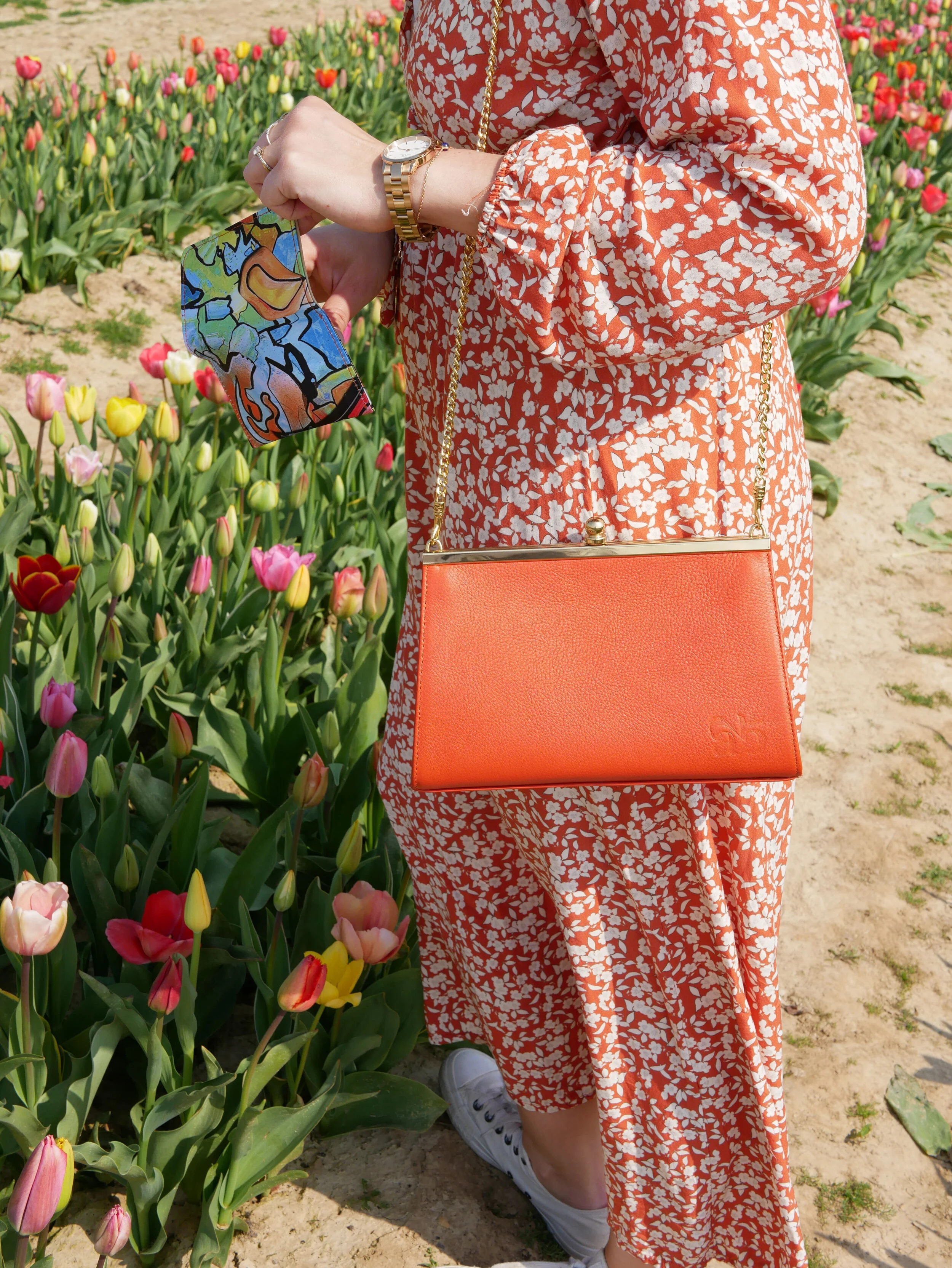 Handbag Aretha orange with small clutch, artwork Marc-André Metais