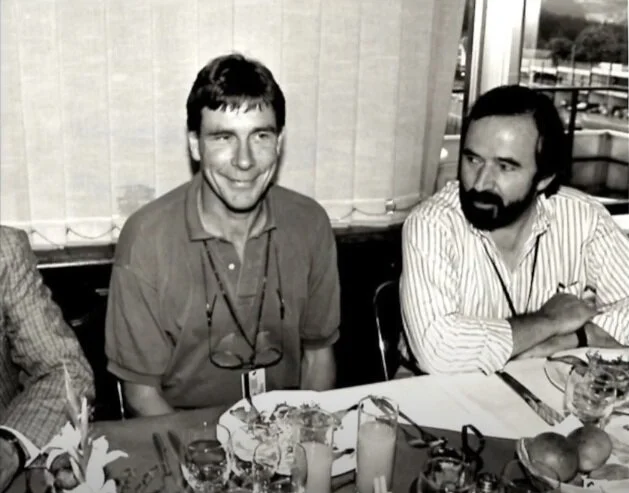 Maurice Hamilton (right) with James Hunt as BBC commentators together.
