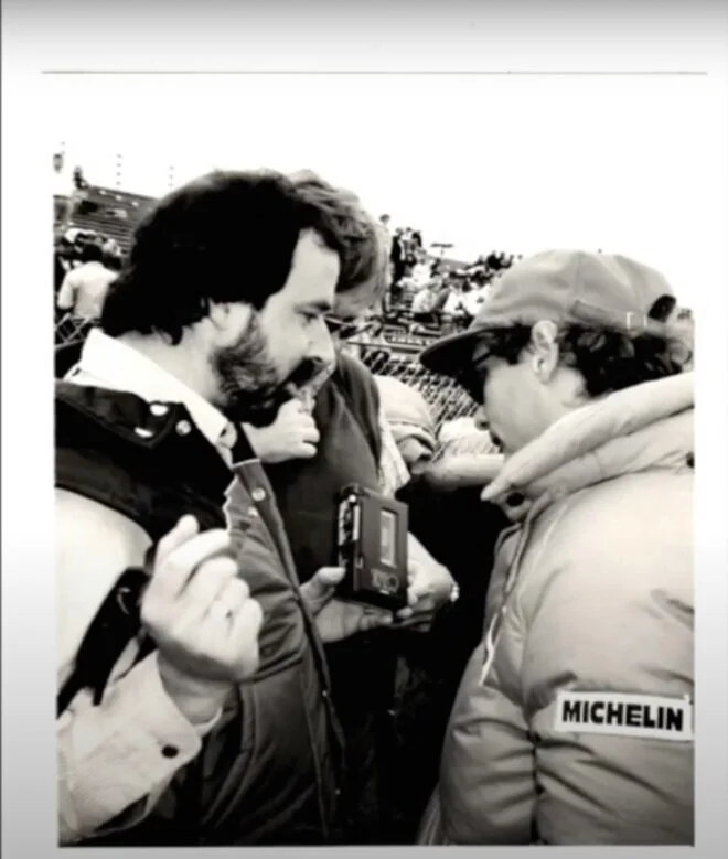 Maurice (left) interviewing Niki Lauda (right) in the pits during practice for Detroit 1982. Photo credit - Maurice Hamilton &amp; Brooklands Membership.