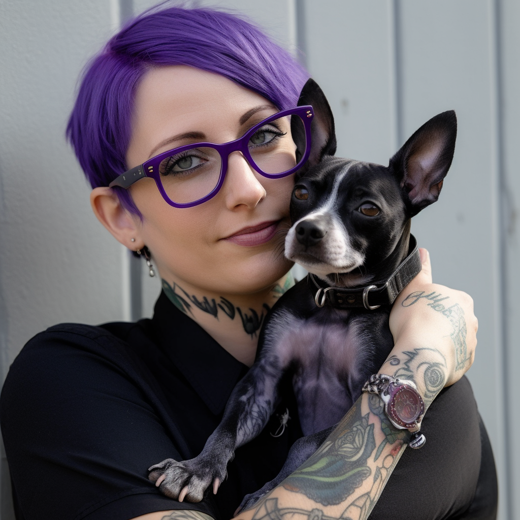 Jen_Palmer_a_woman_in_glasses_is_holding_a_dog_in_the_style_of__4cb653b0-a8eb-45bf-a7e1-54e0334bde2e.png