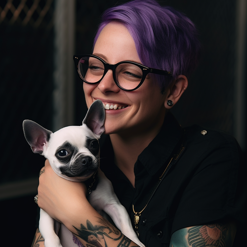 Jen_Palmer_a_woman_in_glasses_is_holding_a_dog_in_the_style_of__59a61a07-96ea-44df-99ee-d550682953e5.png