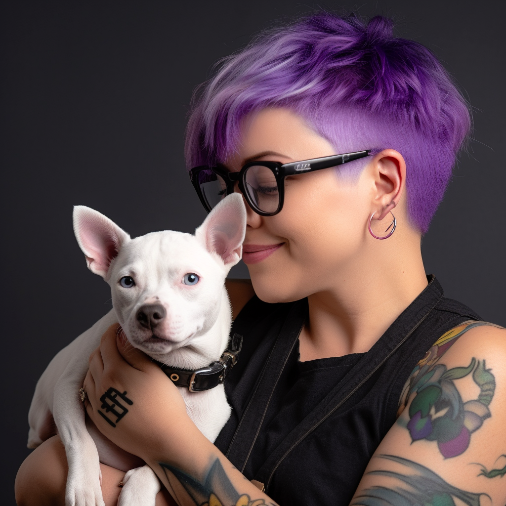 Jen_Palmer_a_woman_in_glasses_is_holding_a_dog_in_the_style_of__a7d3b50a-327c-4a5b-9a54-b65b8b957bea.png