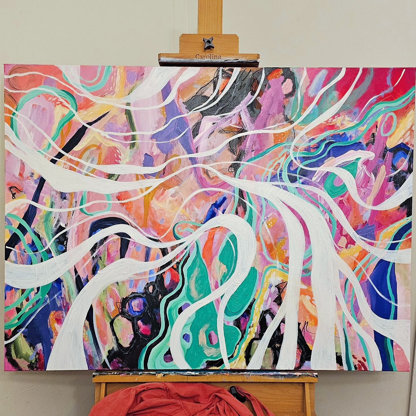 If you've video called with me this year, you've probably seen this painting behind me looking much the same.  It's gone through some progress this weekend, so here's an updated view✨️ 

#waveforms #radicalhope #art912 #growth #colorfulart #savannaha