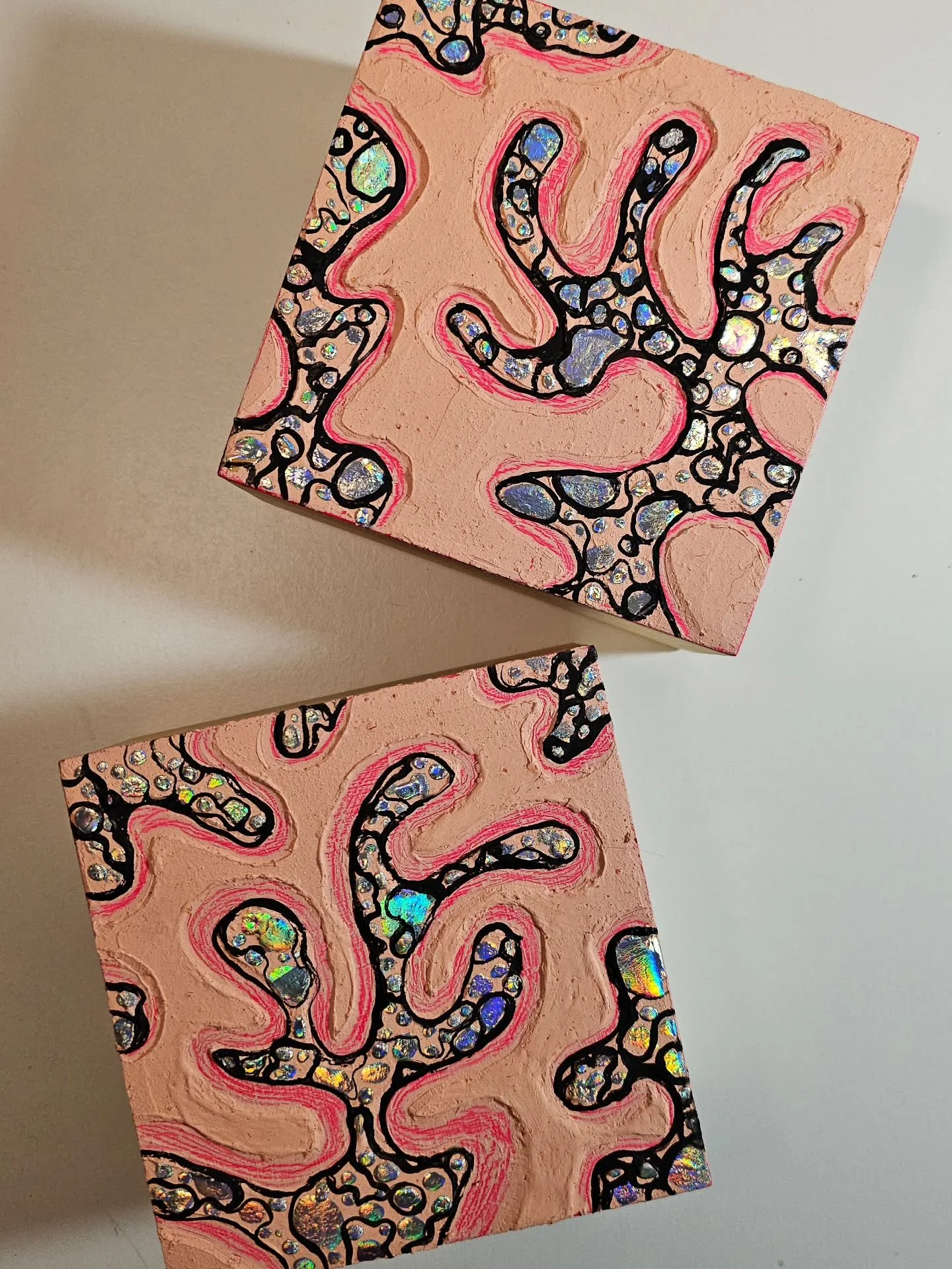 Look, I have art you can collect! &lt;----- 👀

(Artists forget to tell people this, we assume you know, but we really should say it)

Coral form explorations in cold wax and oil, holo-foil, acrylic. Unfinished wood sides. 4&times;4&times;1.5 inches 