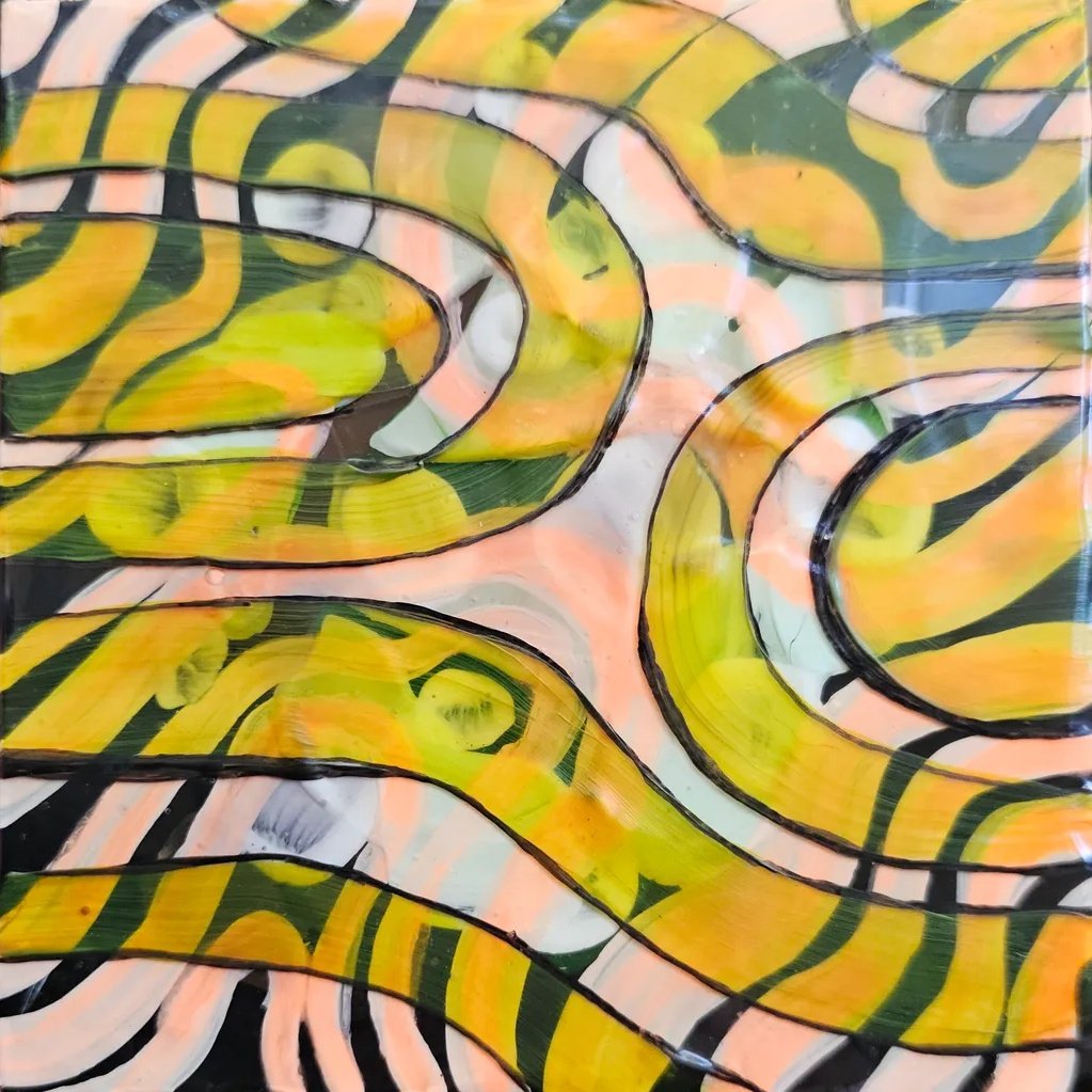 This piece is called "Complex Flow" &mdash; a 4 &times; 4 &times; 0.5 on cradled panel that creates visual maximalism through overlapping translucent layers.

Colorful ribbons create swirls and organic patterns where earlier marks peek thro