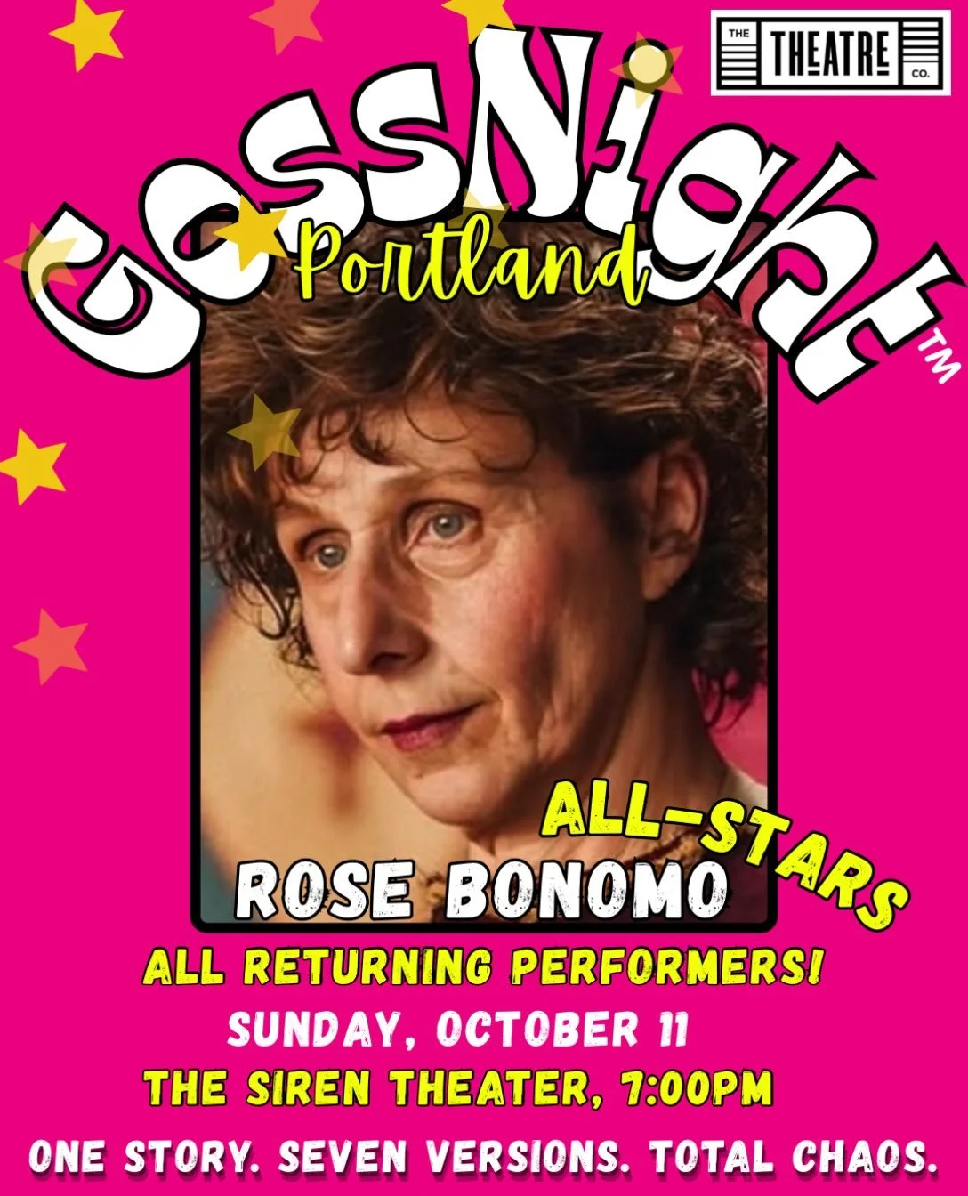 ⭐️ See you at our one year GossNight PORTLAND Anniversary: GossNight ALL-STARS @rosebonomo !! 
Come out and cheer what we get right and laugh at what goes wrong in this epic game of storytelling-telephone!
.
This show is gonna be wild with a cast of 