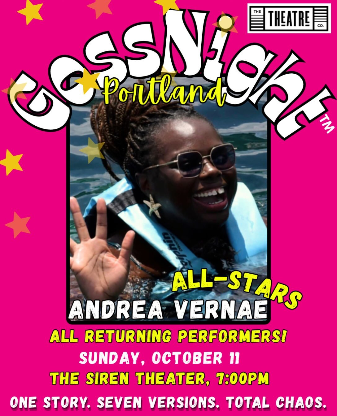 ⭐️ See this bathing beauty at our one year GossNight PORTLAND Anniversary: GossNight ALL-STARS @andreavernae_ !! 
Come out and cheer what we get right and laugh at what goes wrong in this epic game of storytelling-telephone!
.
This show is gonna be w