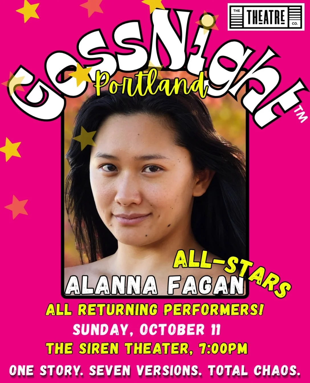 ⭐️ See you at our one year GossNight PORTLAND Anniversary: GossNight ALL-STARS @avelyesqe !! 
Come out and cheer what we get right and laugh at what goes wrong in this epic game of storytelling-telephone!
.
This show is gonna be wild with a cast of a