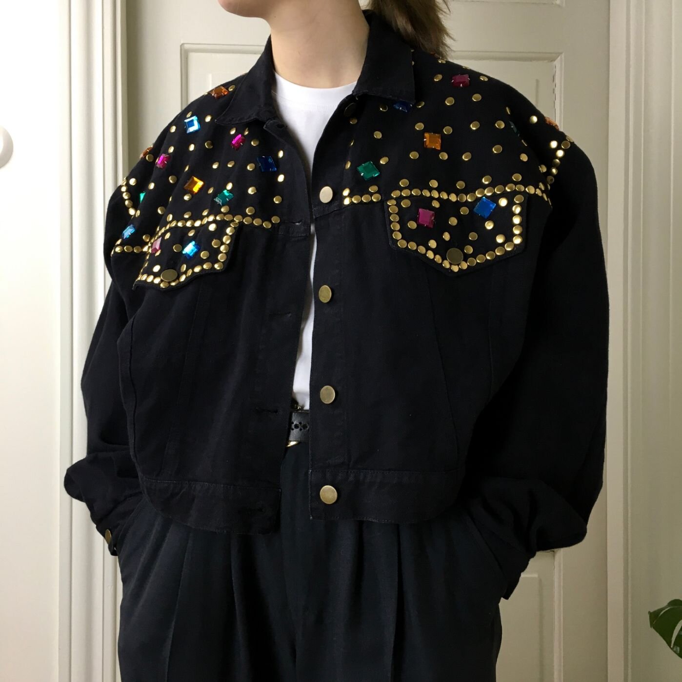 Vintage Black Denim Jacket with Crystal Decor — VETER VINTAGE