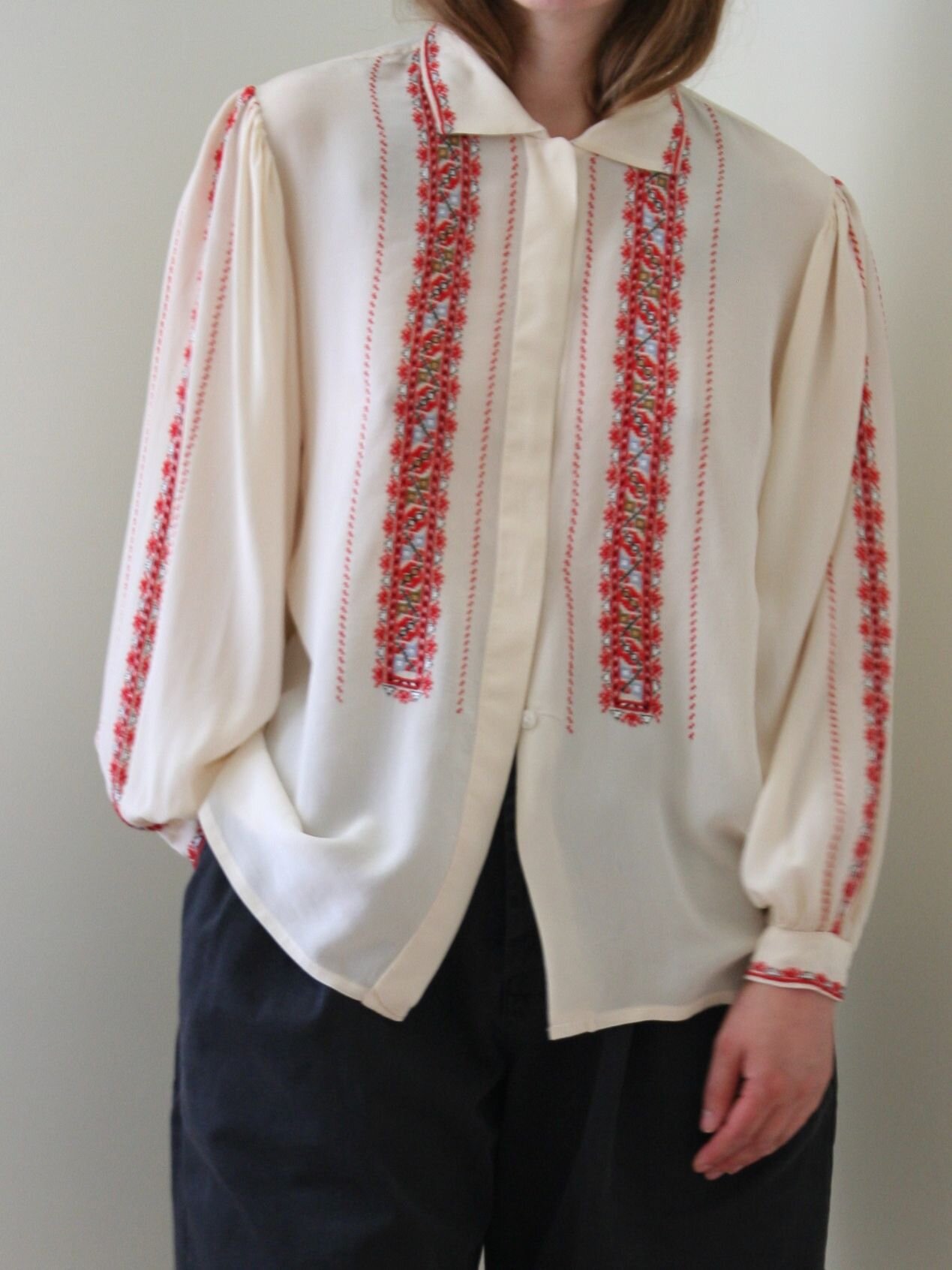 Vintage South American Hand Embroidered Fringed Long Sleeve Blouse