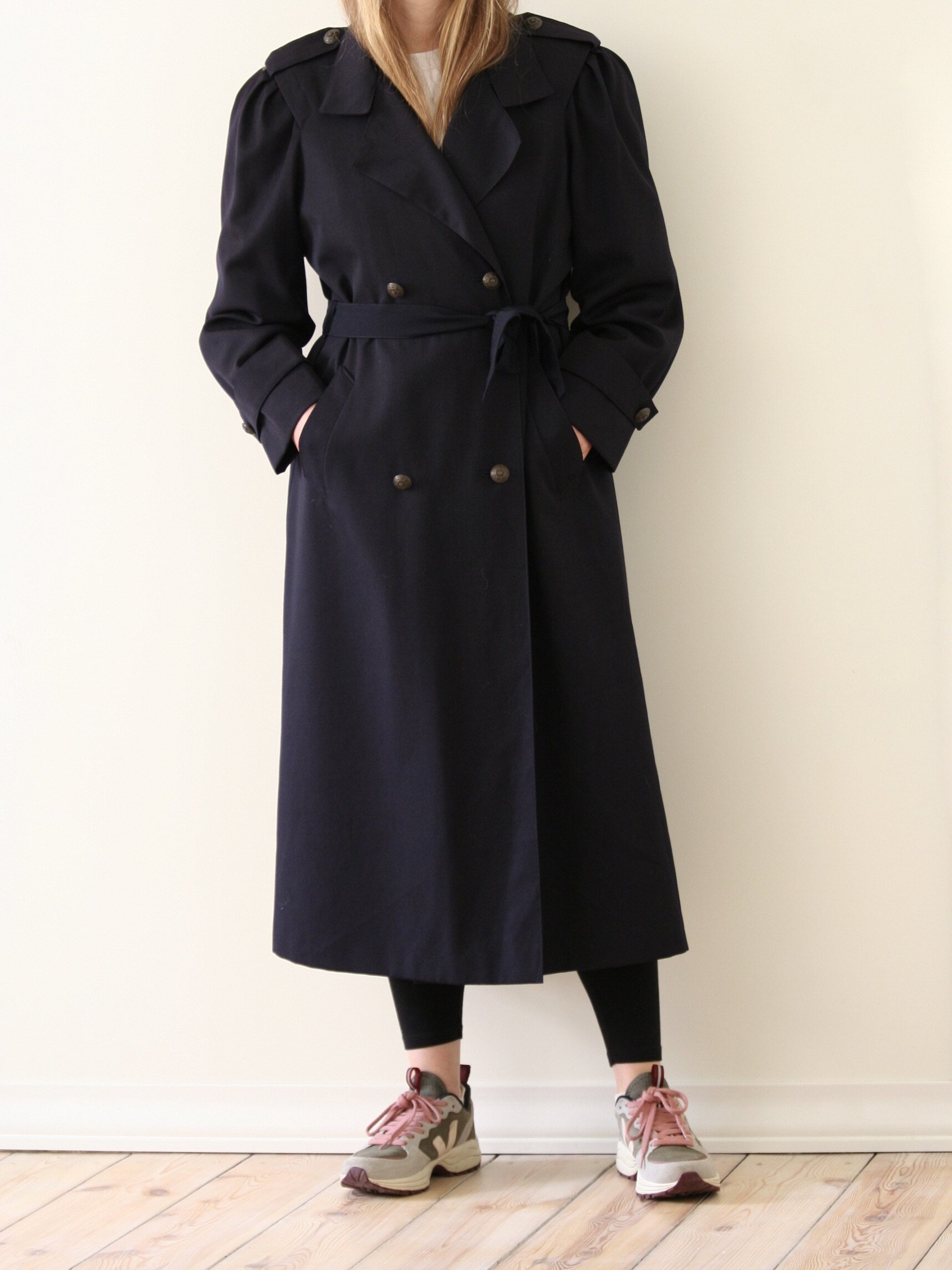 Vintage Navy Wool Maxi Trench Coat 