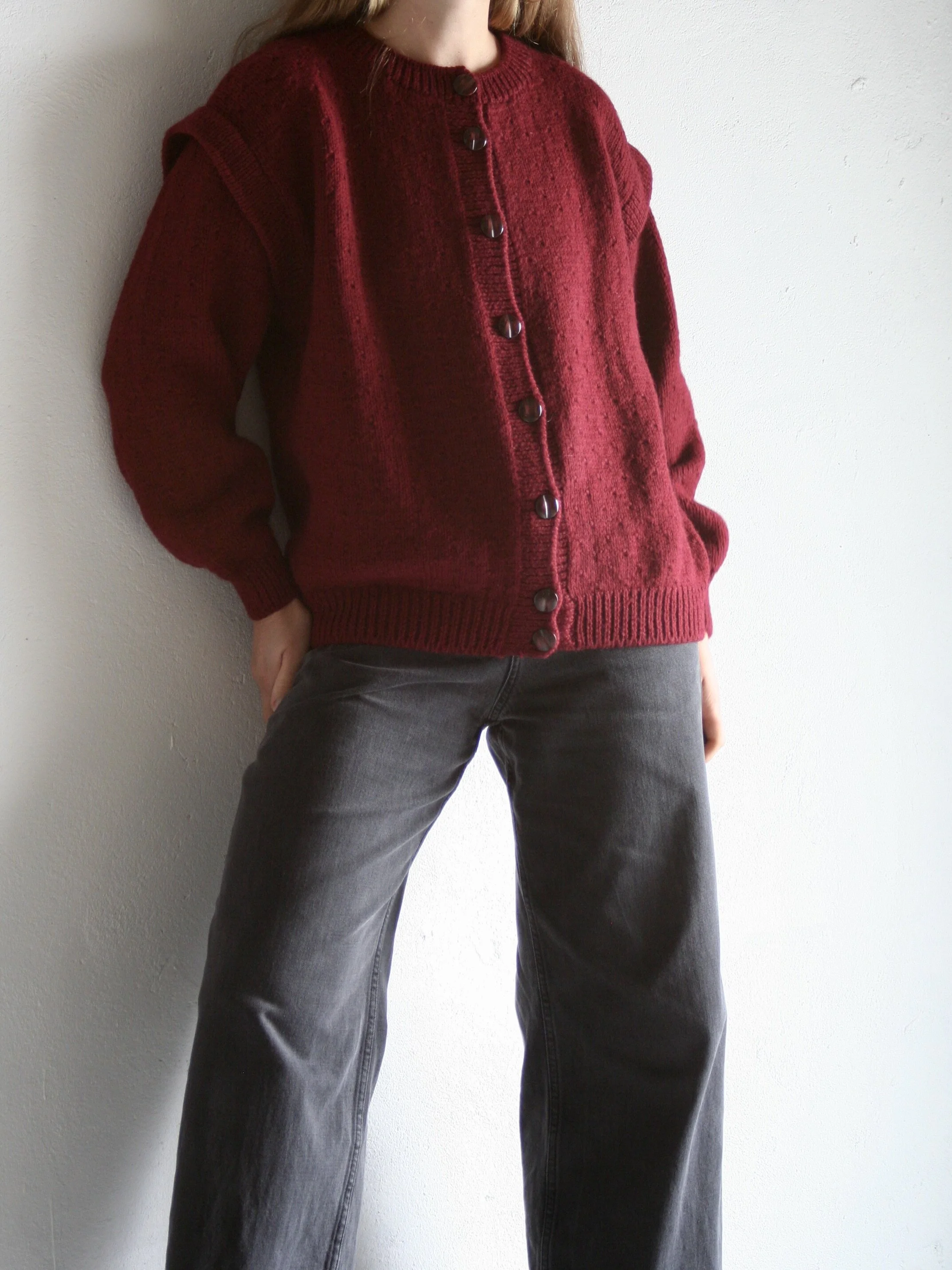 Vintage Red Wool Crew Neck Cardigan 