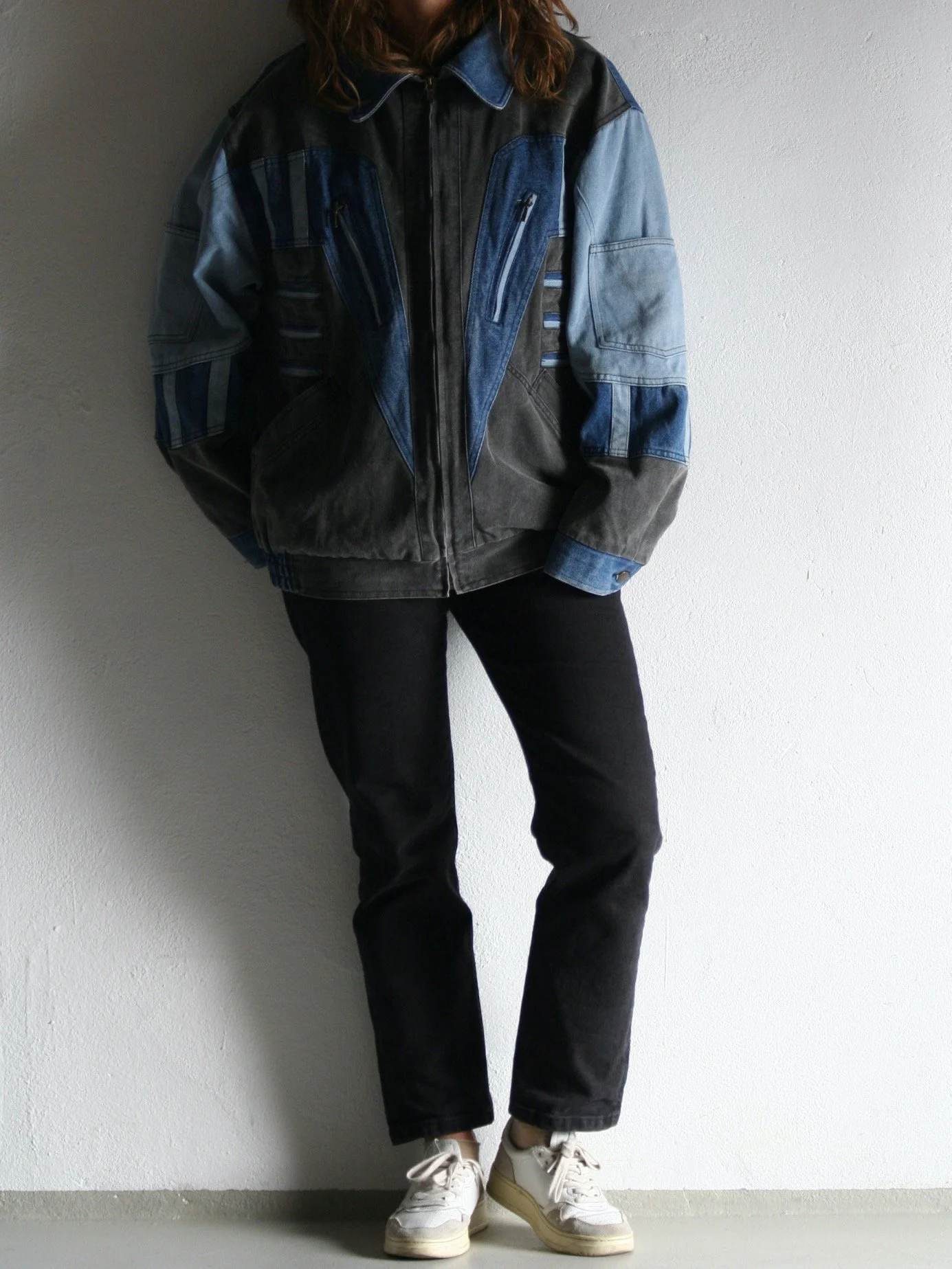Oversized Patchwork Denim Zip Jacket 