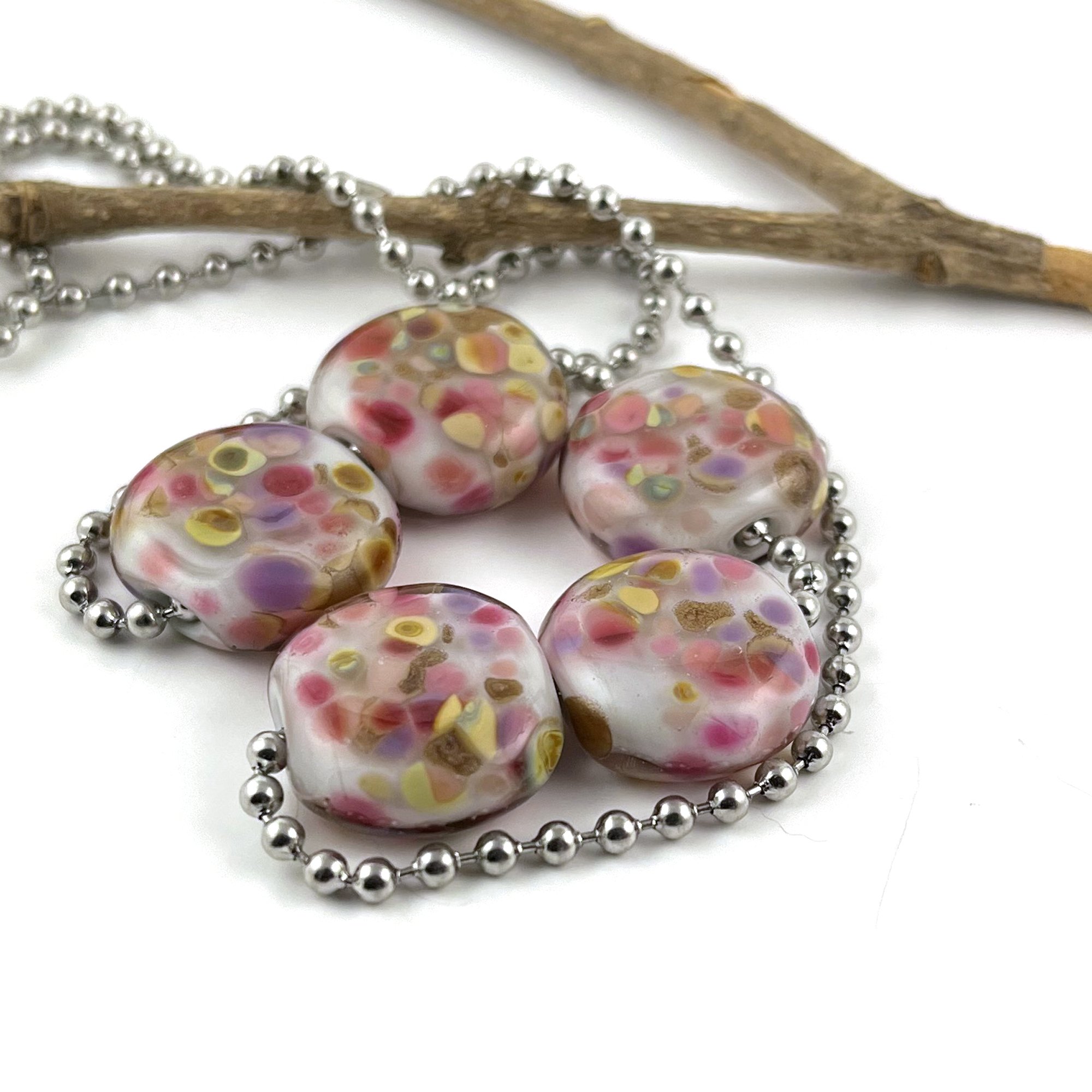 4 Lampwork Handmade Glass Pink Chintz Oval Pendant Focal Beads